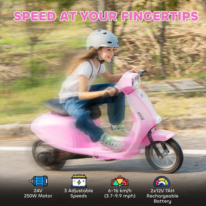 AIYAPLAY 24V Kids Electric Motorbike, Ride on Motorcycle with Manual Throttle, Brakes and LED Lights for Ages 8-12 Years, Pink