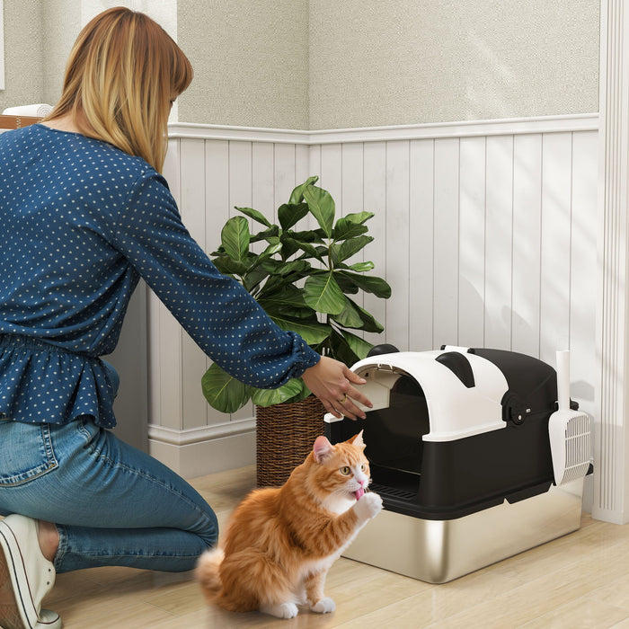 PawHut Panda Style XL Stainless Steel Cat Litter Box with Lid, Enclosed Kitty Litter Box with Scoop, 60 x 40 x 45 cm