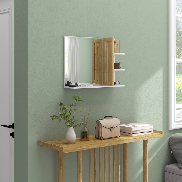 HOMCOM Bamboo Panel Bathroom Mirror, with Shelves - White