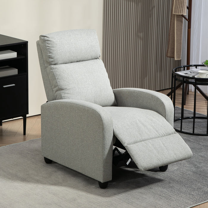 HOMCOM Push Back Recliner Armchair, Linen Fabric Manual Reclining Chair with Adjustable Footrest and Padded Seat for Living Room, Bedroom, Light Grey