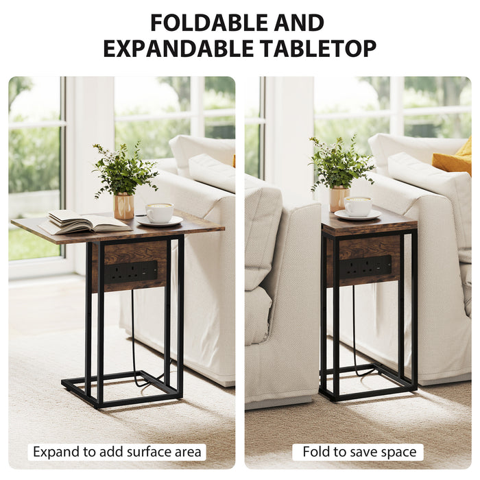 HOMCOM C Shaped Side Table with Charging Station and Foldable Top - Rustic Brown