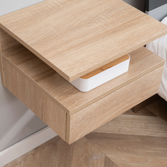 Wall-Mounted Oak-Toned Nightstand - Floating Bedside Cabinet with Drawer & Open Shelf - Space-Saving Bedroom Storage Solution