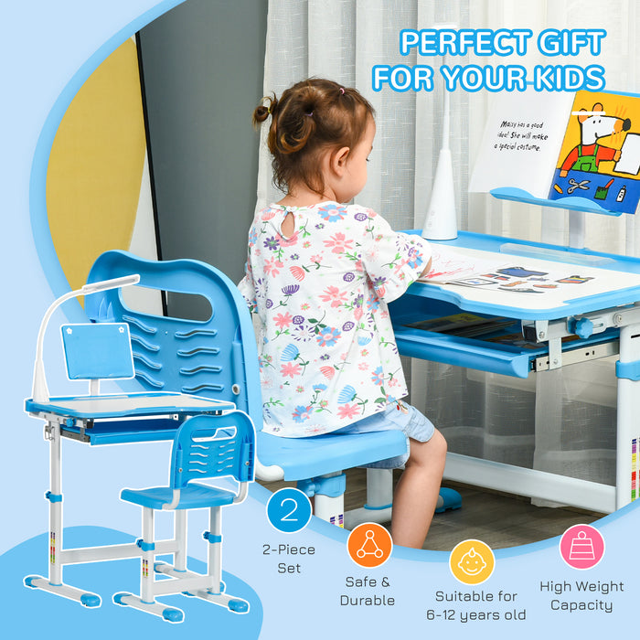 HOMCOM Kids Study Desk and Chair Set w/ Adjustable Height, Storage Drawer - Blue | Aosom UK
