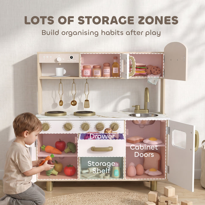 AIYAPLAY Play Kitchen, Kids Kitchen Playset with Rotating Coffee Machine, Storage Shelf, Stove, Gift for Kids 3-6 Years, White