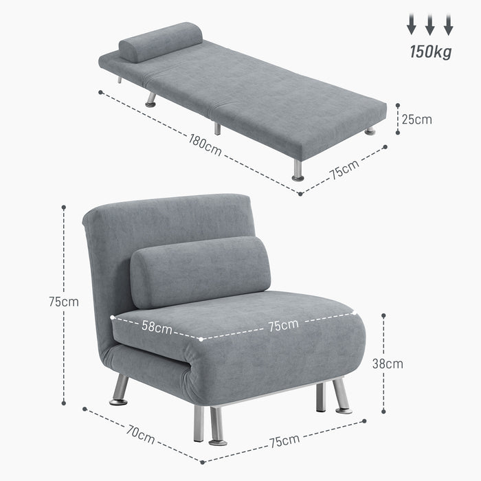 HOMCOM Single Sofa Bed, 1 Person Sleeper Foldable Lounge with Pillow, Grey