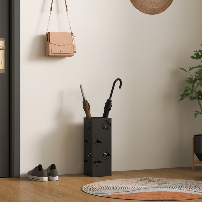 HOMCOM Metal Umbrella Stand, Square Umbrella Holder with Removable Drip Tray and 4 Hooks, Decorative Umbrella Storage Rack for Hallway, Entryway, 15.5 x 15.5 x 41 cm, Black