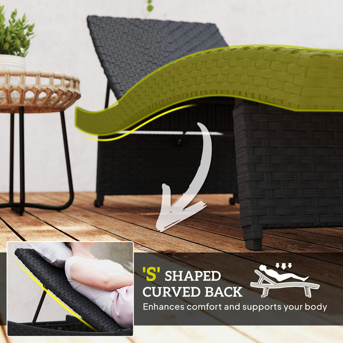 Outsunny Outdoor PE Rattan Sun Lounger, Folding Wicker Garden Lounger Recliner with 4-Level Adjustable Backrest, Rolling Sunbed Lounge Chair with Wheels, Non-Slip Legs for Balcony, Beach, Black