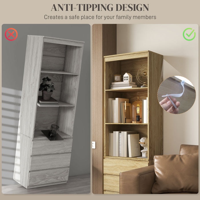 180cm Oak Wood Effect Bookcase - Free Standing Bookshelf with 3 Shelves & 3 Drawers, Display Cabinet - Versatile Storage for Living Room, Home Office, Bedroom