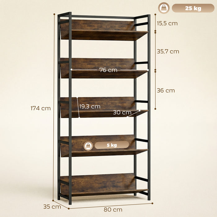 HOMCOM Bookshelf 5-Tier Metal Frame Room Divider Bookcase Storage Shelves for Living Room Rustic Brown
