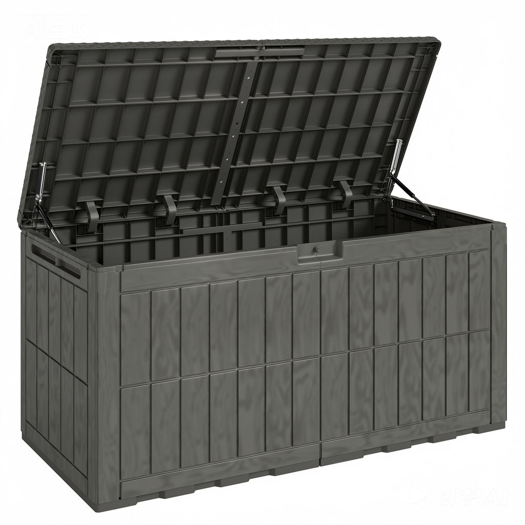 Outsunny 440L Garden Storage Box, Waterproof & UV Resistant Resin Deck Box with Lockable Lid, Pneumatic Gas Rods, Side Handles