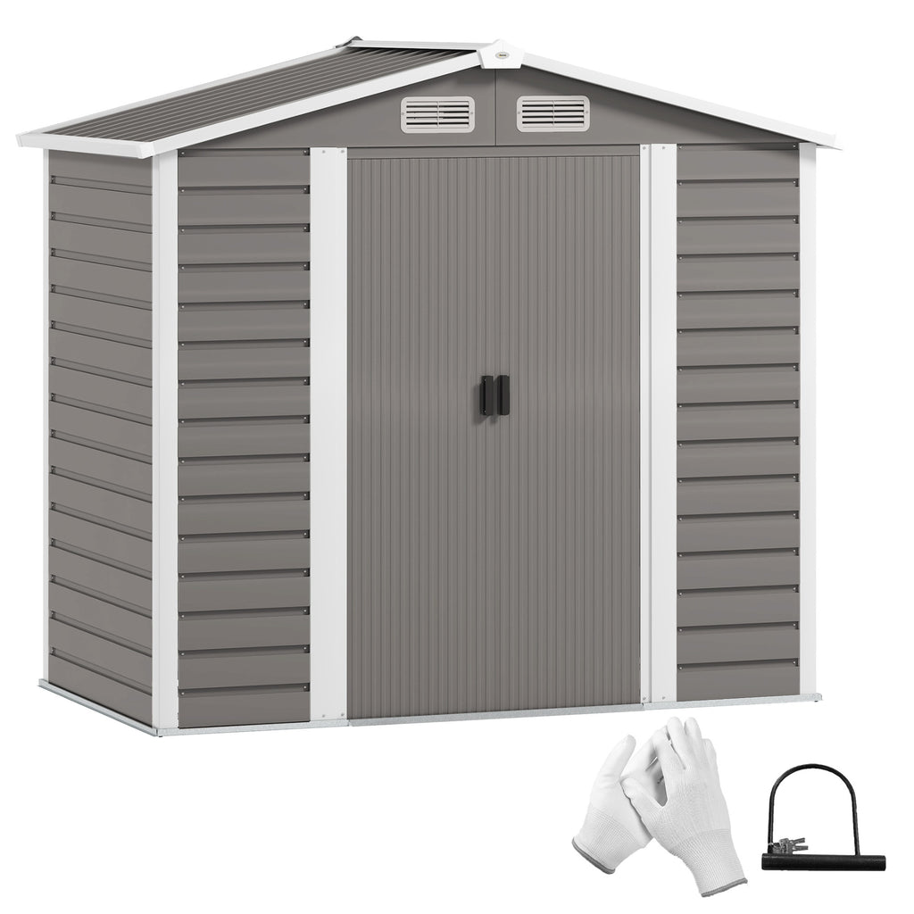 Outsunny 7 x 4ft Garden Shed, Easy to Assemble, Upgraded Galvanised Steel Frame with Foundation Kit, Double Doors with Lock, Outdoor Metal Shed with Vents and Gloves, Garden Storage Shed, Light Grey