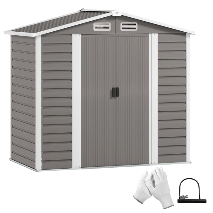 Outsunny 7 x 4ft Garden Shed, Easy to Assemble, Upgraded Galvanised Steel Frame with Foundation Kit, Double Doors with Lock, Outdoor Metal Shed with Vents and Gloves, Garden Storage Shed, Light Grey