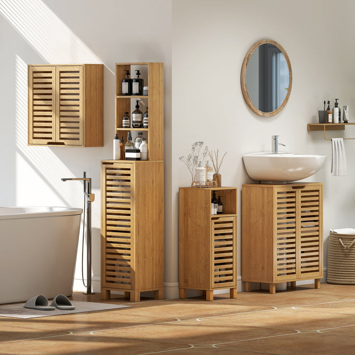 HOMCOM Under Sink Bathroom Cabinet, Freestanding Bamboo Under Sink Cabinet with Louvered Doors and Adjustable Shelf, Natural