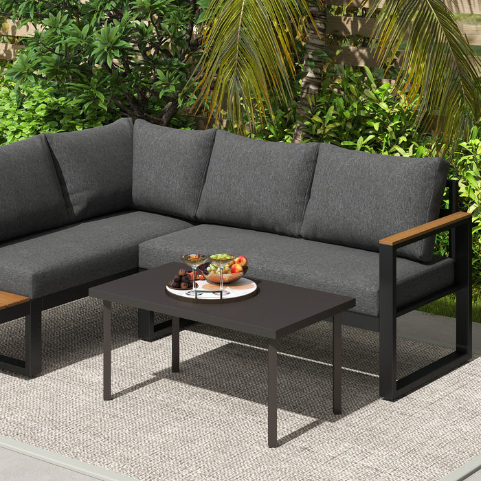 Outsunny Metal Garden Coffee Table, Rectangular Outdoor Side Table with Woodgrain Tabletop, Foot Pads for Outside, Garden, Balcony, Porch, 95 x 55 x 46cm, Brown