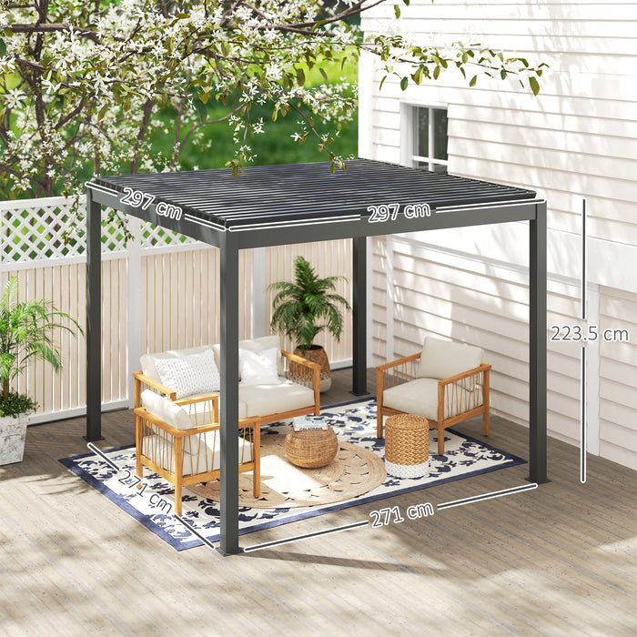 Outsunny 3 x 3(m) Electric Louvered Pergola with LED Lights, Aluminium Pergola Hardtop Gazebo with Remote, Adjustable Roof and Drainage System, Water and UV Proof