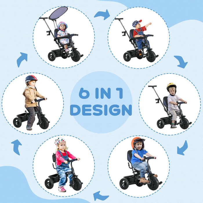 6-in-1 Kids' Tricycle - 5-Point Safety Harness, Detachable Sun Canopy, Dark Blue - Versatile Outdoor Fun for Toddlers