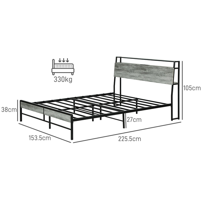 HOMCOM King Steel Bed Frame, with LED Lights and Headboard Shelf - Grey