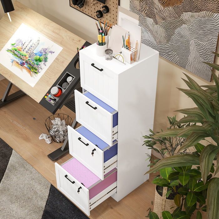 HOMCOM 4 Drawer Filing Cabinet with Lock, Office Storage Cabinet with Adjustable Hanging Bars for A4 Letter Size Files, White
