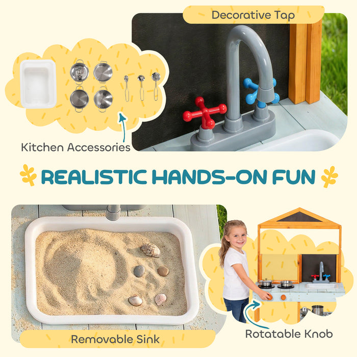 AIYAPLAY Mud Kitchen for Kids, Outdoor Wooden Play Kitchen with Sink, Stove, Cookware, Shelves, Pretend Play Toy for Ages 3-8