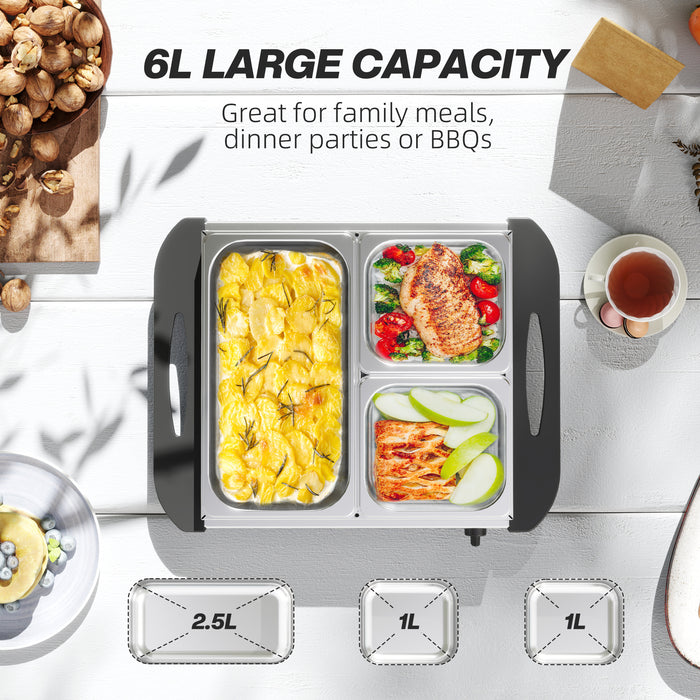 HOMCOM Electric Food Warmer 4 Tray, 6L Portable Buffet Server and Warming Tray with Lids, Adjustable Temperature Control and Cool Touch Handles, 200W, 2 x 2.5L and 1 x 1L