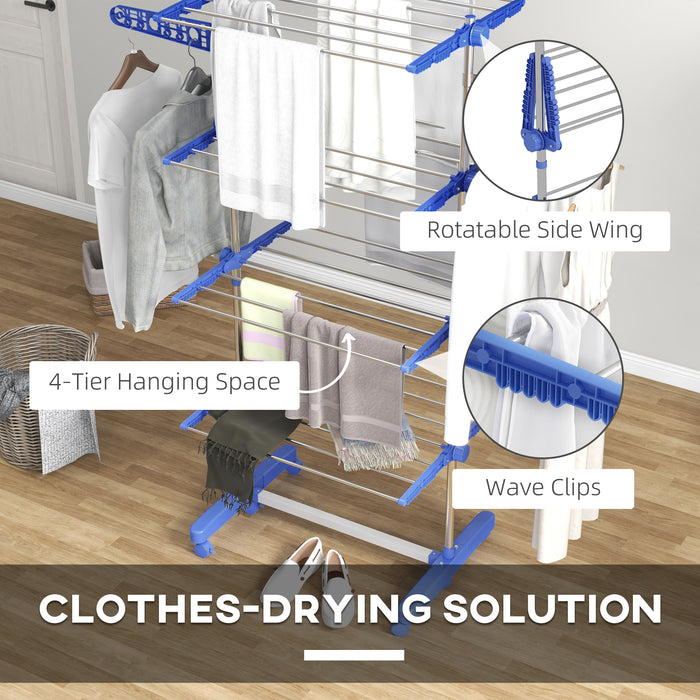 4-Tier Clothes Airer - Foldable Stainless Steel Drying Rack with Wheels and Wings for Indoor/Outdoor Use - Space-Saving Laundry Solution for Home or Apartment