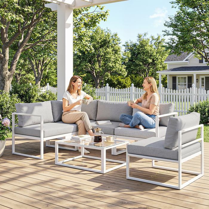 Outsunny 5 Seater Aluminium Garden Furniture Set, Garden Sofa Set with Thick Cushions, Light Grey