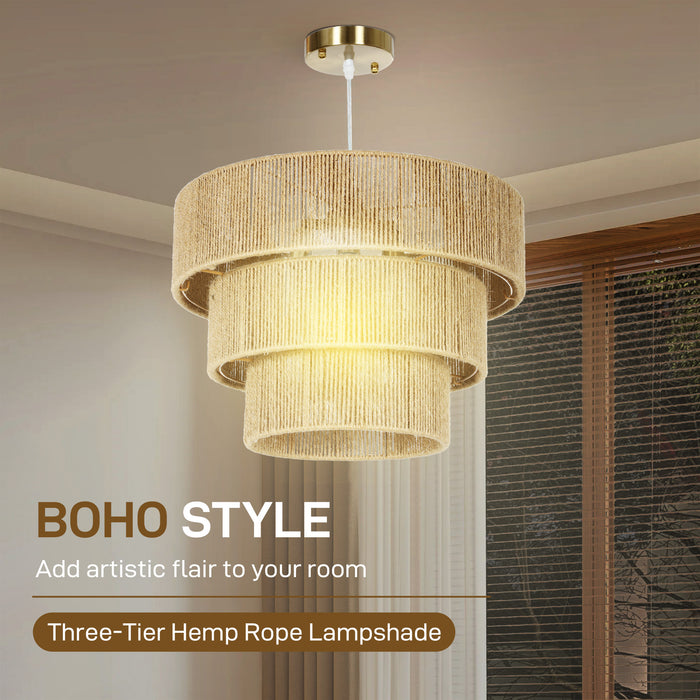 HOMCOM Hemp Rope Pendant Light, 3-Layer Boho Ceiling Light Shade, E14 Vintage Lampshade for Living Room, Bedroom, Kitchen, Hallway, Light Brown
