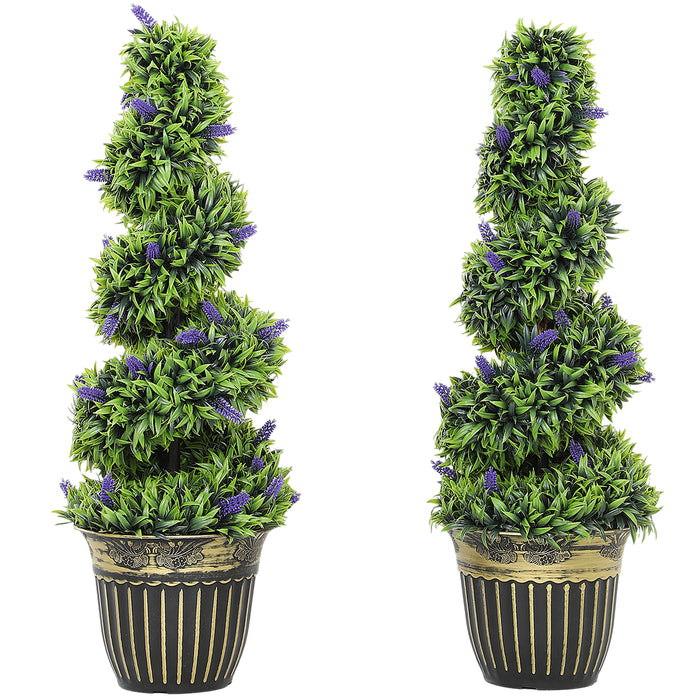 HOMCOM Set of 2 Decorative Artificial Plants, Boxwood Spiral Topiary Tree with Lavender and Pot, Fake Plants for Home Indoor Outdoor Decor, 90cm