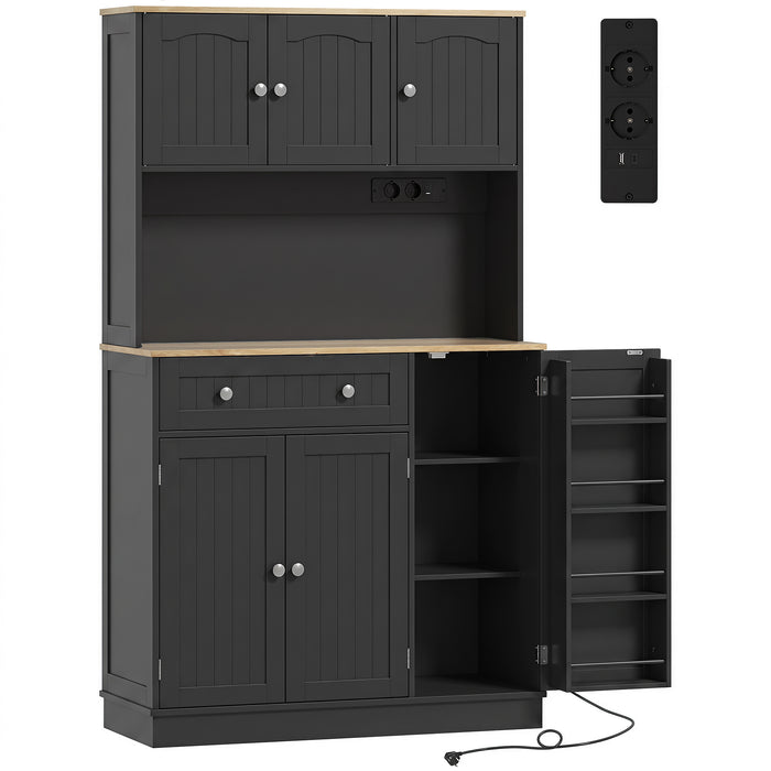 HOMCOM 173 cm Tall Kitchen Cupboard with Charging Station, Pantry Storage Cabinet with Adjustable Shelves and 4 Door Racks