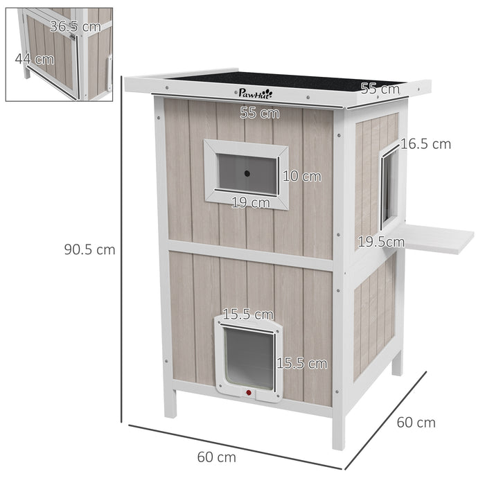 2-Tier Wooden Cat House with Asphalt Roof and Escape Doors - Weatherproof Outdoor Cat Shelter with Removable Floor - Ideal for 1 to 2 Cats, Light Grey
