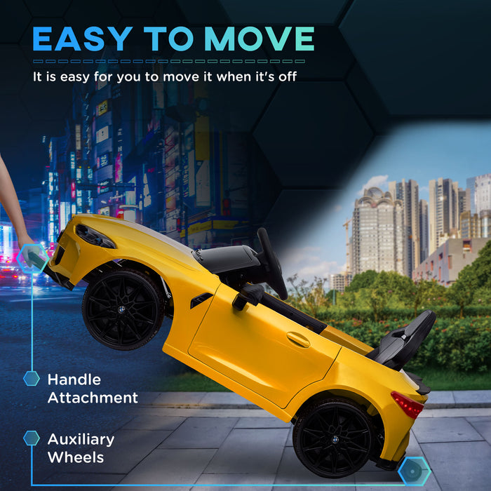 BMW M4 Kids Ride-On Car - 12V Battery-Powered with Remote Control, Suspension, Music Player, Horn, LED Lights - Interactive Playtime for Children in Bright Yellow