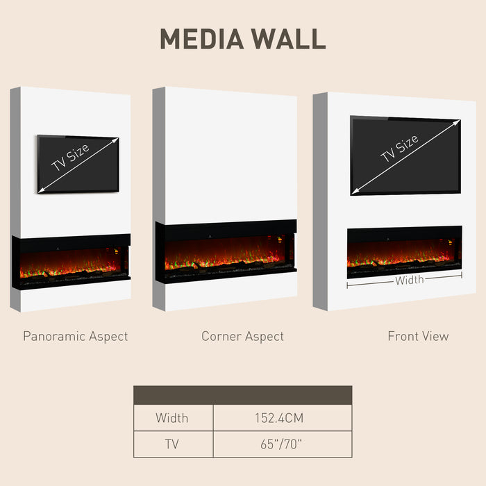 HOMCOM 60inch/ 152cm Media Electric Fireplace Wall Mounted, Recessed, Insert, Freestanding, Glass Electric Fire with Adjustable LED Flame Effect, Log, Crystal, Remote Control, 1800W, Black | Aosom UK