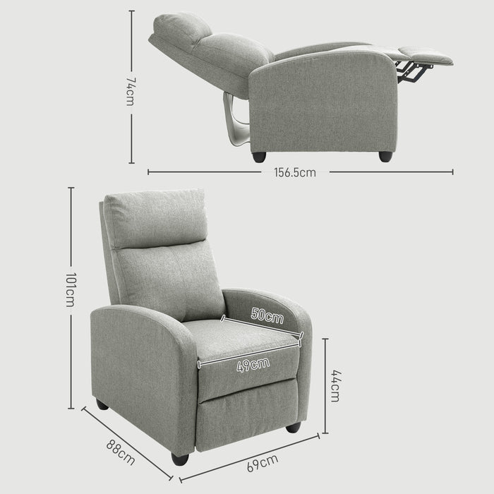 HOMCOM Push Back Recliner Armchair, Linen Fabric Manual Reclining Chair with Adjustable Footrest and Padded Seat for Living Room, Bedroom, Light Grey
