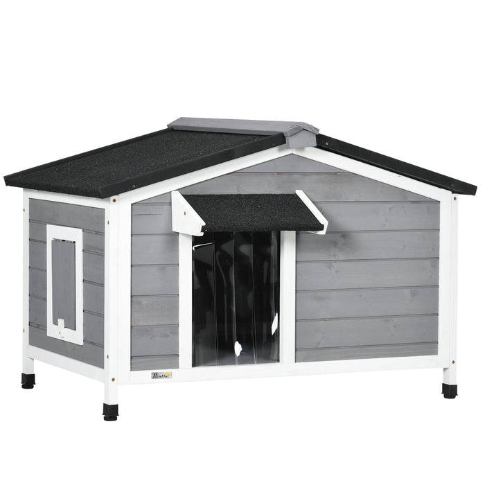 PawHut Large Wooden Dog Kennel with Openable Top, Asphalt Roof, Windows, Curtain, Removable Tray, Adjustable Legs, Grey