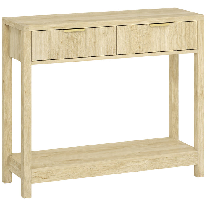 HOMCOM Modern Console Table with Fluted Panel Drawers, Narrow Hallway Table with Shelf for Entryway, Living Room, 90 x 30 x 76 cm, Natural Wood Finish