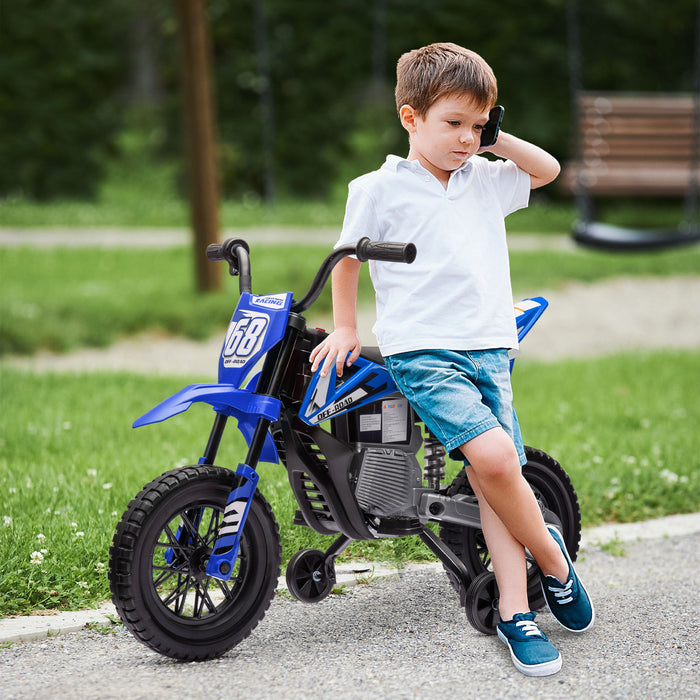AIYAPLAY 12V Kids Electric Motorbike, Kids Electric Ride on Motorcycle w/ Twist Grip Throttle, Training Wheels - Blue | Aosom UK