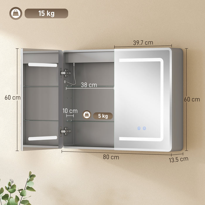 HOMCOM Mirrored Bathroom Cabinet with LED Lights, 60 x 80 cm Bathroom Mirror Cabinet with Anti-Fog, 3 Colour Dimmable Lighting