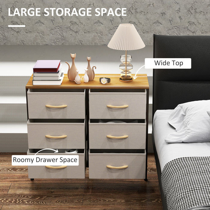 HOMCOM Fabric Chest of Drawers, Industrial Storage Bedroom Dresser with 6 Fabric Drawers, Steel Frame and Wooden Top for Nursery, Living Room, Hallway, Cream White