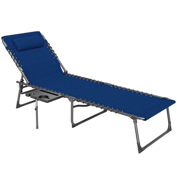 Outsunny Folding Sun Lounger with Side Table, 5-Level Adjustable Reclining Sun Lounger Chair, Portable Garden Recliner Sunbed with Side Pocket, Head Pillow for Patio, Beach, Dark Blue