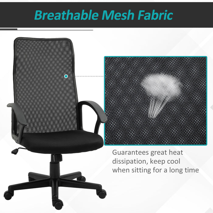 Executive High Mesh Back Chair - Adjustable Height with Wide Padded Seat and Fixed Armrests - Comfortable Home and Office Support, Black