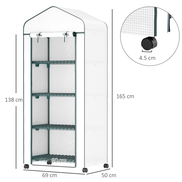 Outsunny 4 Tier Mini Portable Greenhouse Compact Plant Grow Shed Metal Frame PE Cover with Lockable Rolling Wheels , White
