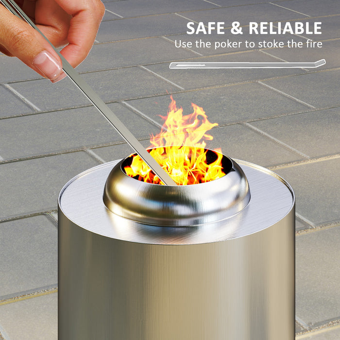 Outsunny Smokeless Fire Pit, 16 x 16 cm Stainless Steel Portable Wood Burning Firepit with Poker for Garden Camping Bonfire Party, Silver Tone