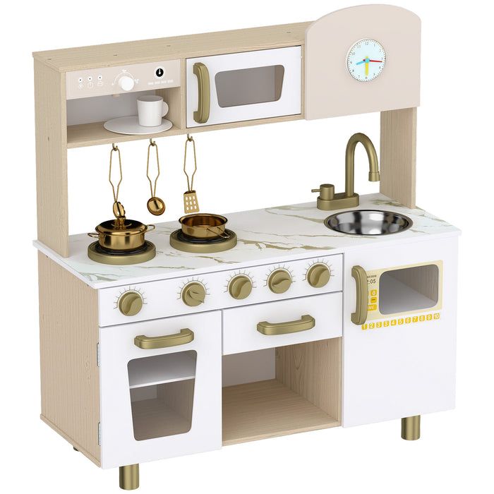 AIYAPLAY Play Kitchen, Kids Kitchen Playset with Rotating Coffee Machine, Storage Shelf, Stove, Gift for Kids 3-6 Years, White