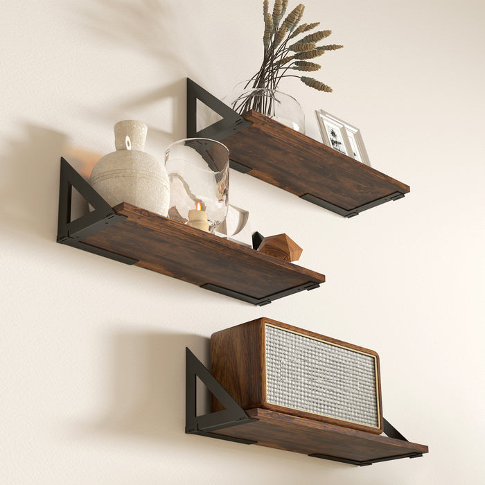 HOMCOM Set of 3 Wall Mounted Floating Shelves, Vintage Wall Shelves for Living Room, Entryway, Bedroom, Rustic Brown