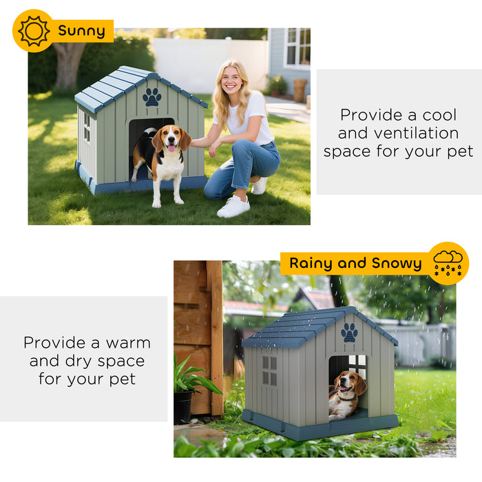 PawHut Dog Kennel Outdoor for Medium Dogs, Waterproof Plastic Dog House for Garden, Patio, 85 x 79 x 82 cm, Grey