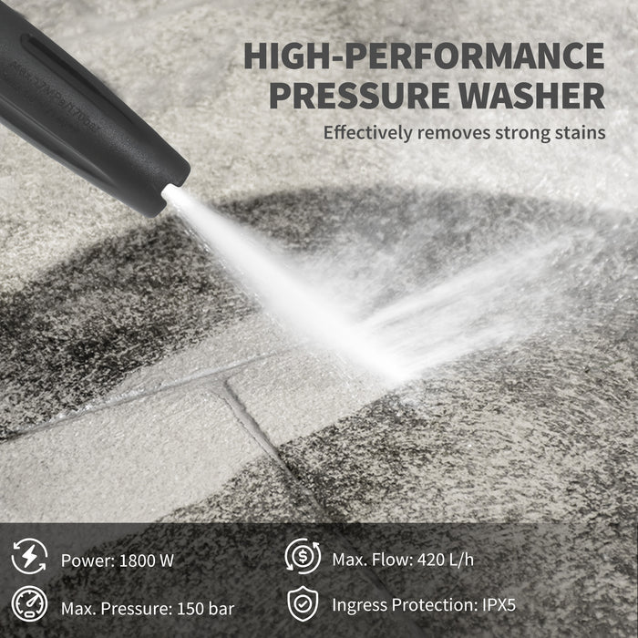 Outsunny 1800W High Pressure Washer, 150 Bar Pressure, 420 L/h Flow, Portable Power Washer Jet Wash Cleaner with Adjustable Nozzle, 6M Hose, Hose Reel, Steel Handle for Home Patio Car Driveway, Yellow