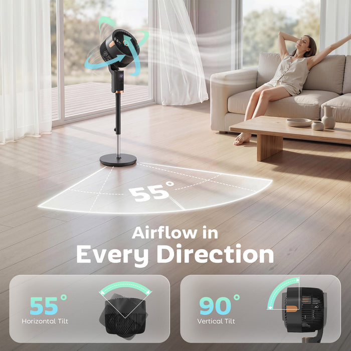 HOMCOM 20 dB Silent Standing Fan for Bedroom, 44" Pedestal Fan with 90° Oscillating, 8 Speeds and LED Light, Black