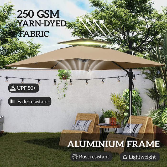 Outsunny 3.5x3 m Garden Cantilever Parasol with Solar LED Lights and Centre Light, Aluminium Large Square Patio Umbrella, UPF50+ Hanging Sun Shade with Cross Base, Crank Handle and Tilt, Khaki