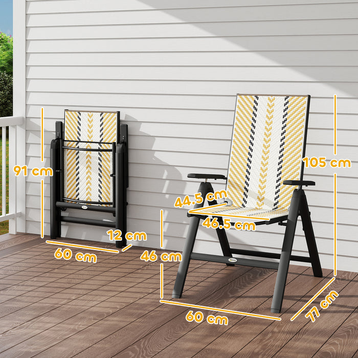 Outsunny Outdoor Rattan Folding Chair with 5-Position Adjustable Backrest, Wicker Garden Dining Chair with Wide Armrest, Set of 2 for Patio, Terrace, Balcony, Orange