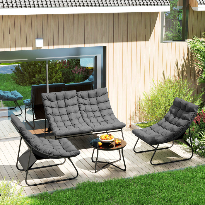 Outsunny 4 Seater Garden Furniture Set, Conversation Set with Loveseat Sofa, Chairs, Glass Coffee Table, Thick Cushions, Steel Outdoor Sofa for Balcony, Poolside, Conservatory, Grey